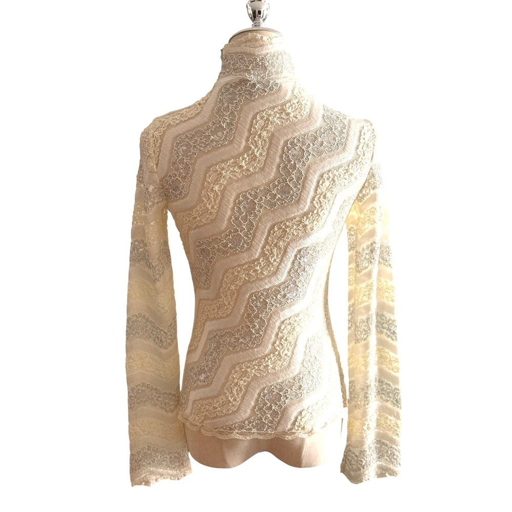 VTG Y2K Cache Cream Lace Top Metallic Silver Thread Lace Mock Neck Size Small - Picture 5 of 7